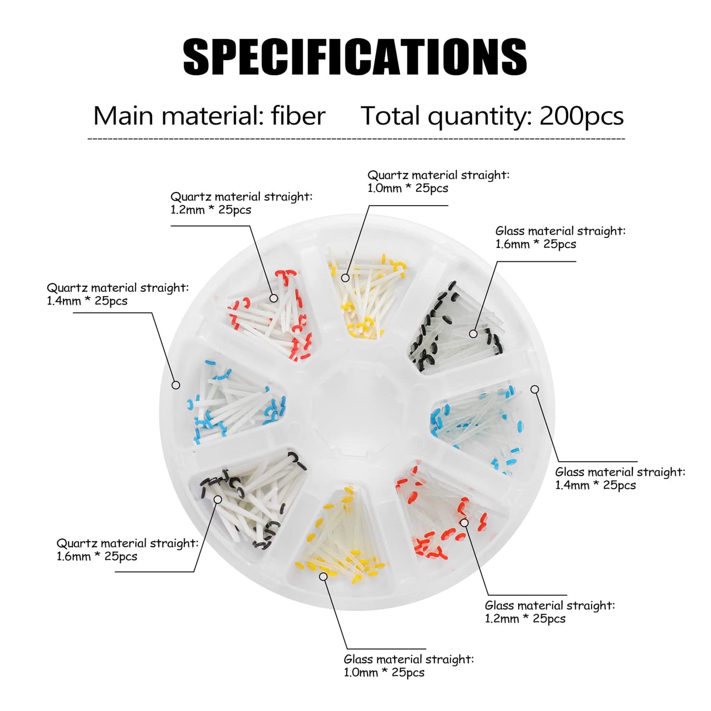 200 Pieces Dental Fiber Post Glass Quartz Tooth Restoration Kit with 1.0/1.2/1.4/1.6mm Posts