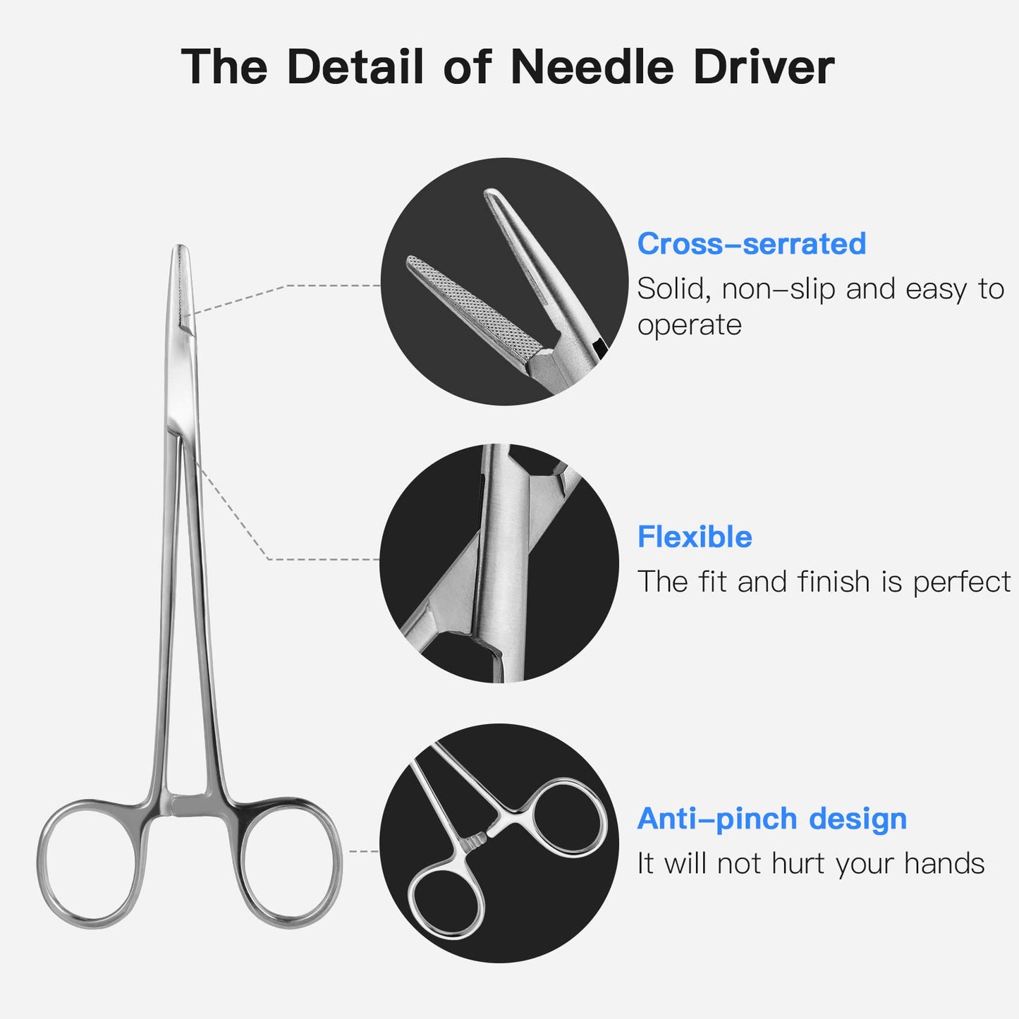 Needle Holder Clamps Driver Needle Driver with Tungsten Carbide Cross Serrated Inserts, Protector Dental Suture Practice Needle Driver