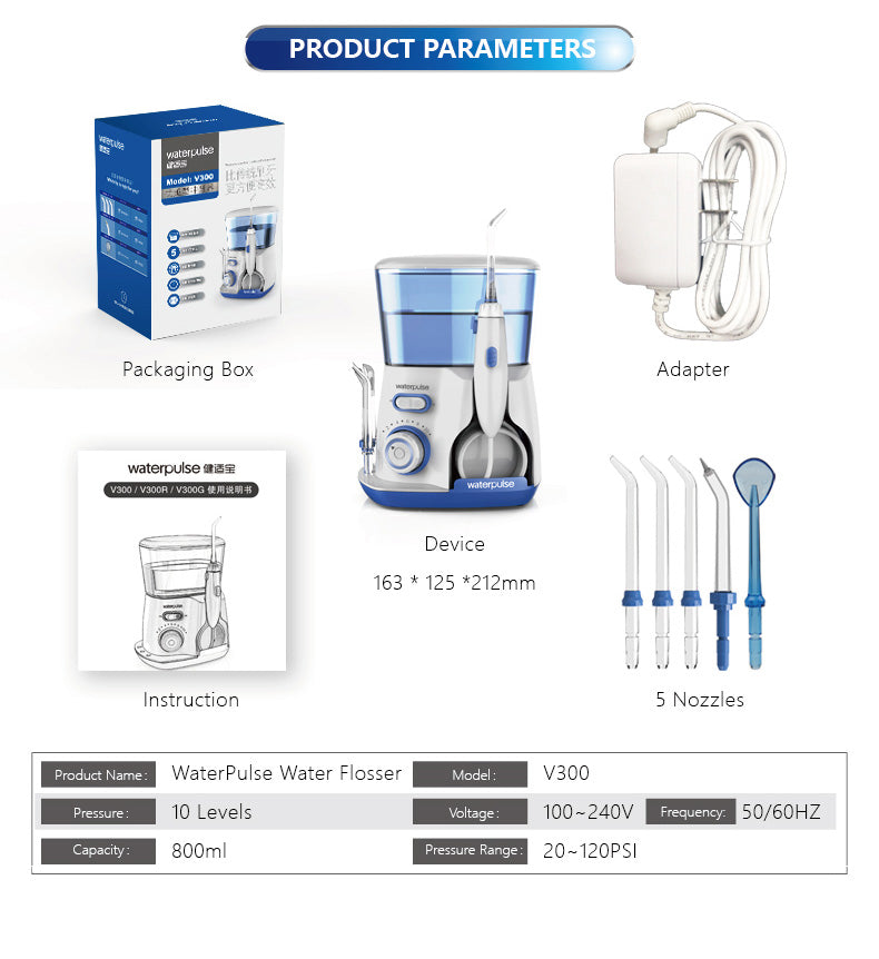 Waterpulse V300 Oral Irrigator 5pcs Tips Dental Water Flosser Water Floss 800ml Oral Hygiene Dental Flosser Water Flossing V300