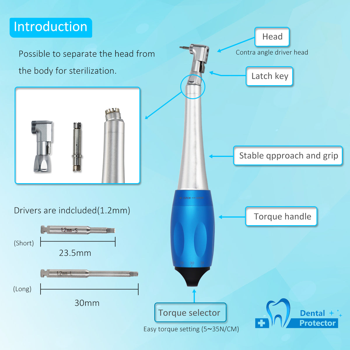 Dental Low Speed Handpiece Implant Torque Wrench 5N-35N Drivers 2.35mm Latch Type Bits Contra Angle Universal Silver Metal Box