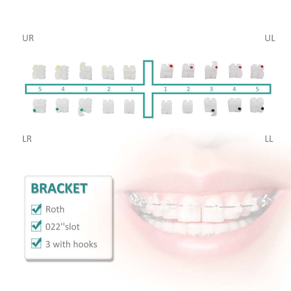 GOB-R0223 10 Packs Dental Orthodontic Brackets Ceramic Braces Bracket Braces Dental Roth Bracket 022"/018" Slot 3 with Hook
