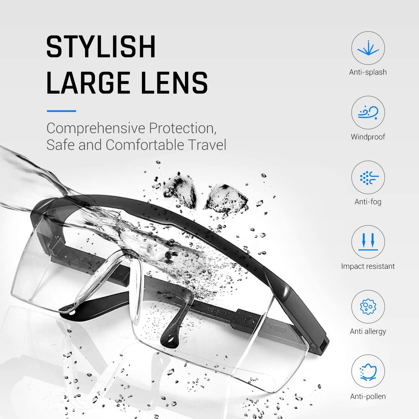Protector Safety Glasses with Anti-fog lens Protective Eyewear Adjustable Frame Safety Glasses Eye Protection (Black/Bule Frame&transparent Lens)