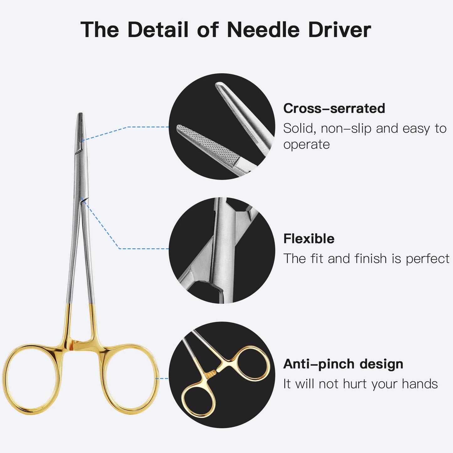 Needle Holder Driver 5.1"/5.5"/6.3" with Tungsten Carbide Cross Serrated Inserts, Dental Surgical Scissors Suture Practice Kit with Locking Mechanism for Dentist, Student