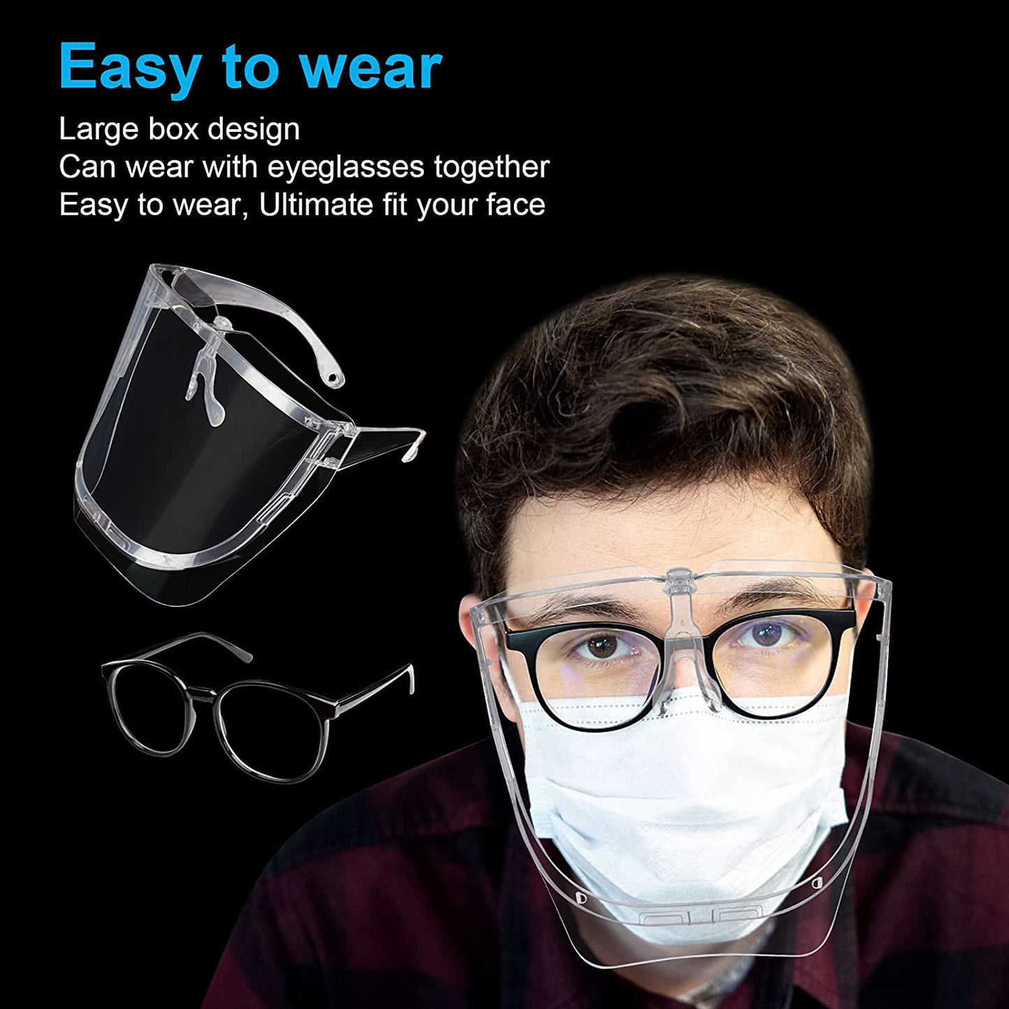5 Pack Safety Face Shields,Ultra Clear Protective Full Face Shield to Protect Eyes, Nose, Mouth - Reusable Anti-Fog Transparent PET Plastic, Goggles, For Men Women, Indoor and Outdoor Activities Use