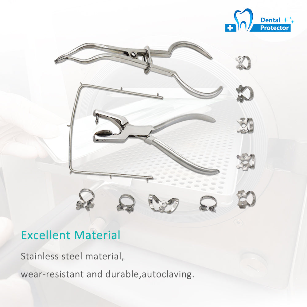 Protector Rubber Dam Kit Starter of 9 pcs with Frame Punch Clamps Dental Instruments Dental Oral Rubber Dam Tool Set Rubber Stamp Punching Plate Rubber Camphor Cloth
