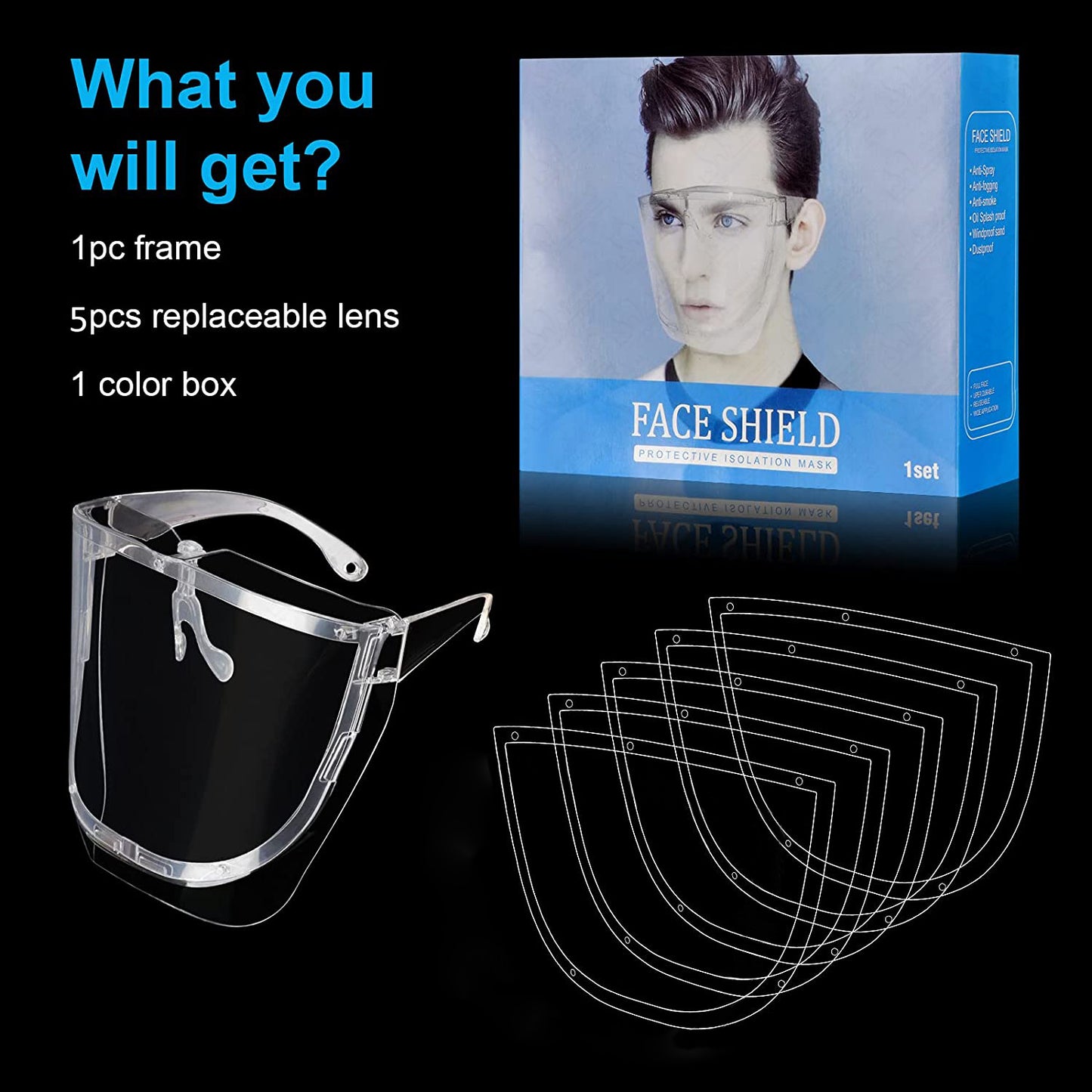 5 Pack Safety Face Shields,Ultra Clear Protective Full Face Shield to Protect Eyes, Nose, Mouth - Reusable Anti-Fog Transparent PET Plastic, Goggles, For Men Women, Indoor and Outdoor Activities Use
