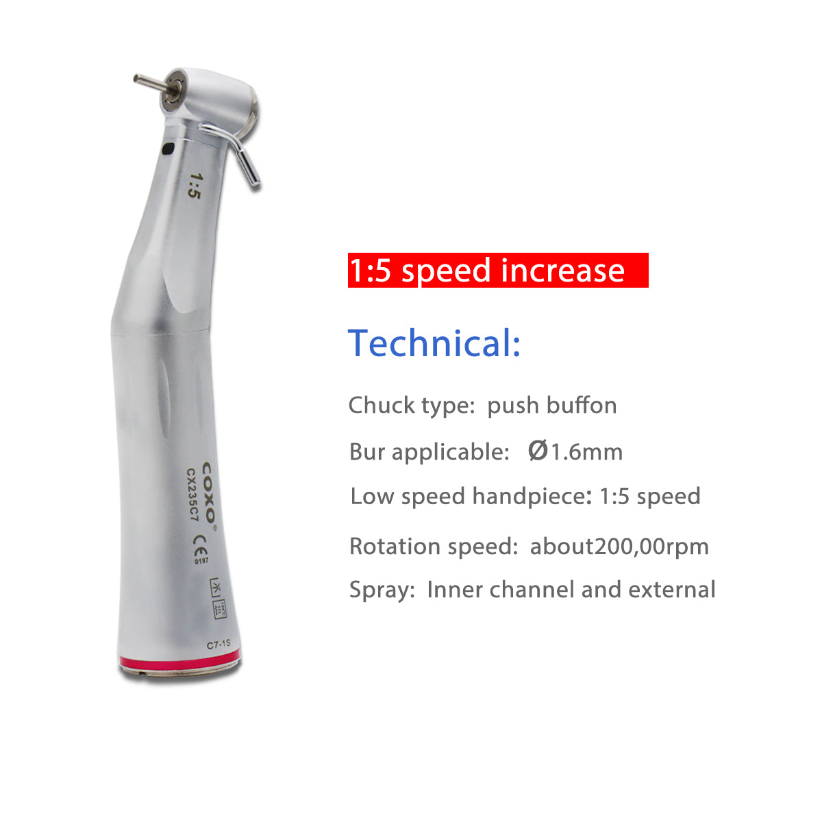 C7-1S COXO Dental 1: 5 Contra Angle for Remove Crown and Tooth Extraction, can be used with COXO implant motor