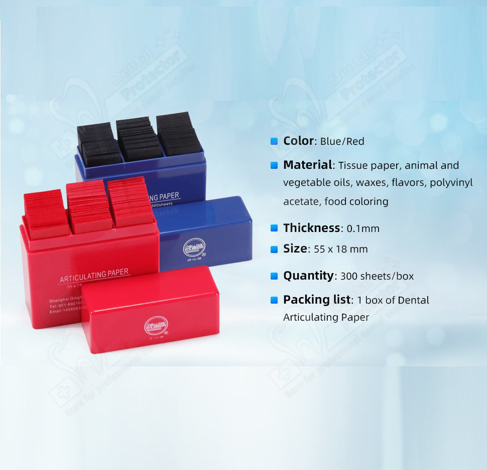 Protector Dental Articulating Paper 300 PCS, Plastic Dispenser Blue 100 Micron Bite Articulating Paper & Film Doubled Side - 55 x 18 x 0.1mm