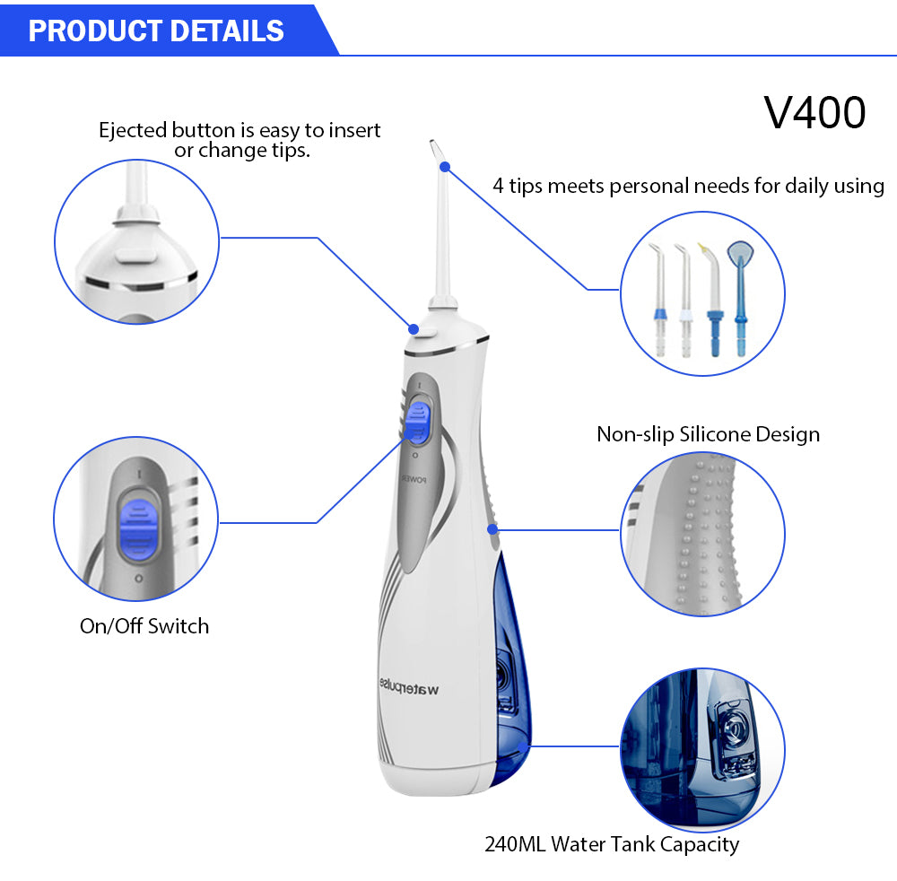 Waterpulse V400P/V400 Oral Irrigator Portable Cordless Irrigators With Travel Case Rechargeable Battery Water Flosser Teeth