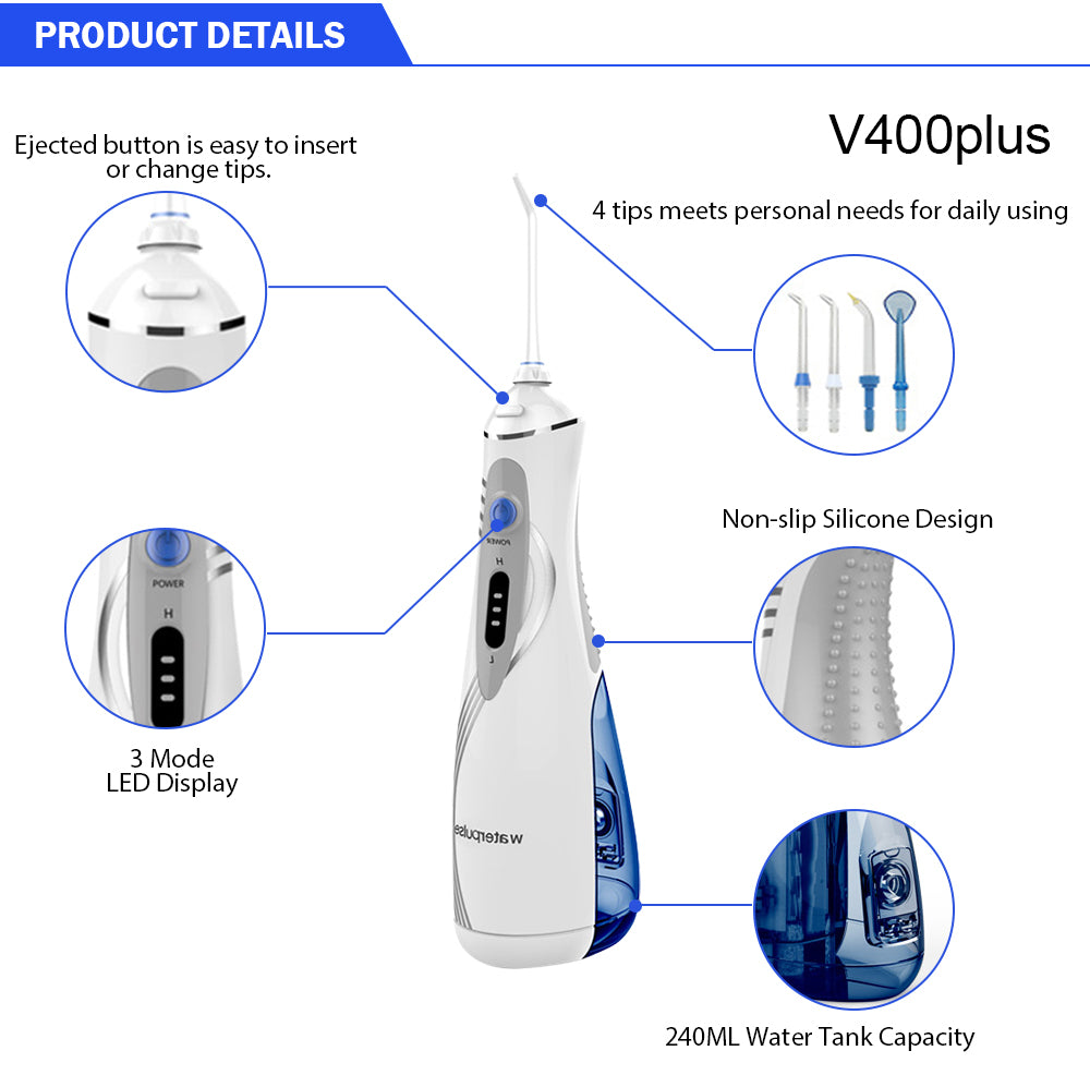 Waterpulse V400P/V400 Oral Irrigator Portable Cordless Irrigators With Travel Case Rechargeable Battery Water Flosser Teeth