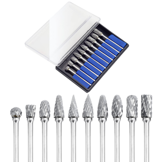 Carbide Burr Set, Tinpec Double Cut Cutting Burrs with 1/8" Shank & 1/4" Head, Tungsten Steel Die Grinder Bits for Woodworking, Drilling, Metal Carving, Engraving & Polishing – 10PCS