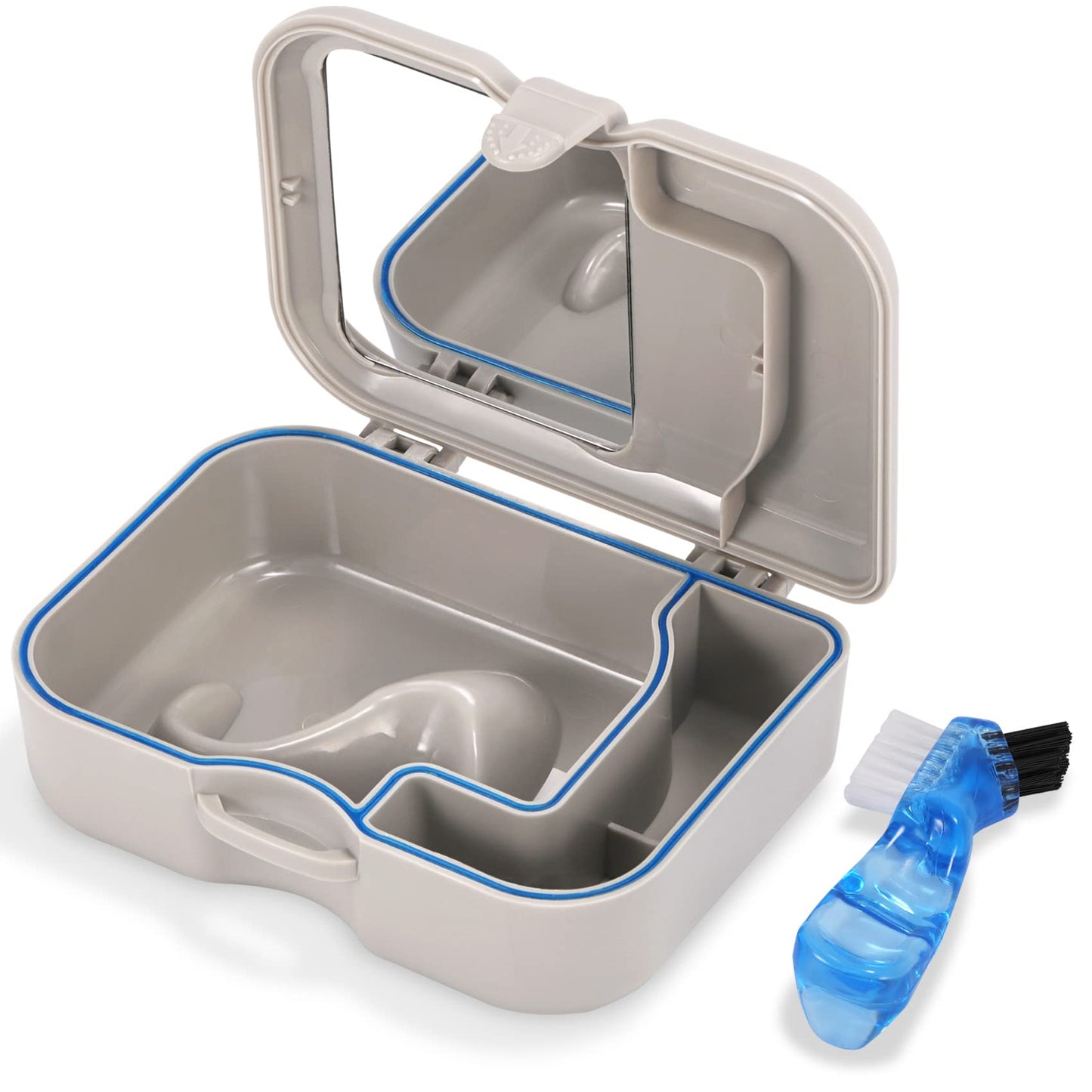 Denture Cup Bath Box Case with Mirror and Cleaning Brush, Dental Case with Brush Retainer Cleaning Case Mouth Guard Storage Soaking Cup Holder for Travel, Office, Household Use