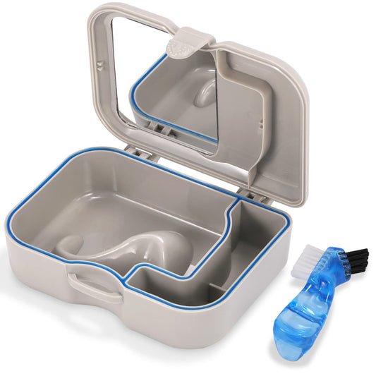 Denture Cup Bath Box Case with Mirror and Cleaning Brush, Dental Case with Brush Retainer Cleaning Case Mouth Guard Storage Soaking Cup Holder for Travel, Office, Household Use