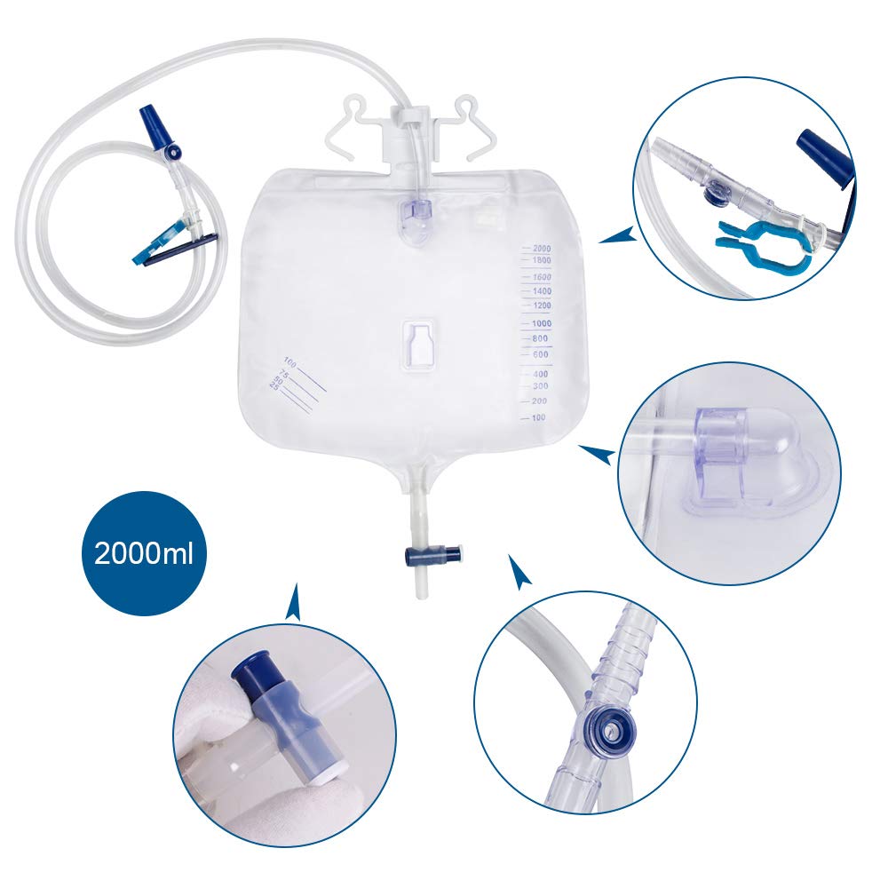 Protector Urinary Drainage Bag Urine Collection Bag with Anti-Reflux Chamber Medical Drain Bag 48" Drainage Tub, 2000ml (Pack of 5)