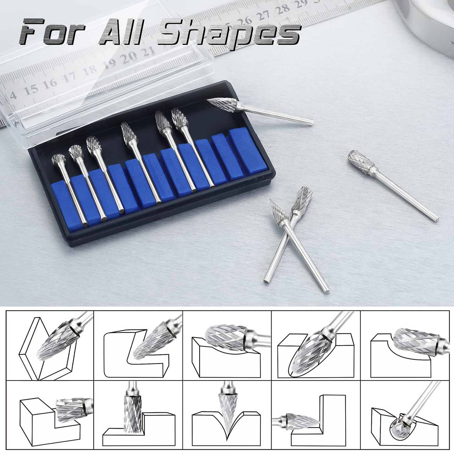 Carbide Burr Set, Tinpec Double Cut Cutting Burrs with 1/8" Shank & 1/4" Head, Tungsten Steel Die Grinder Bits for Woodworking, Drilling, Metal Carving, Engraving & Polishing – 10PCS