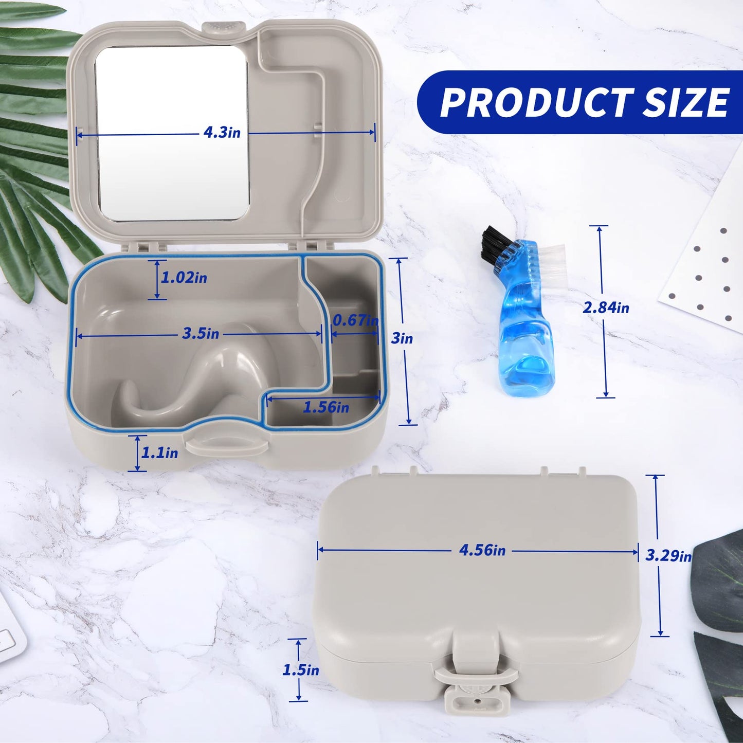 Denture Cup Bath Box Case with Mirror and Cleaning Brush, Dental Case with Brush Retainer Cleaning Case Mouth Guard Storage Soaking Cup Holder for Travel, Office, Household Use