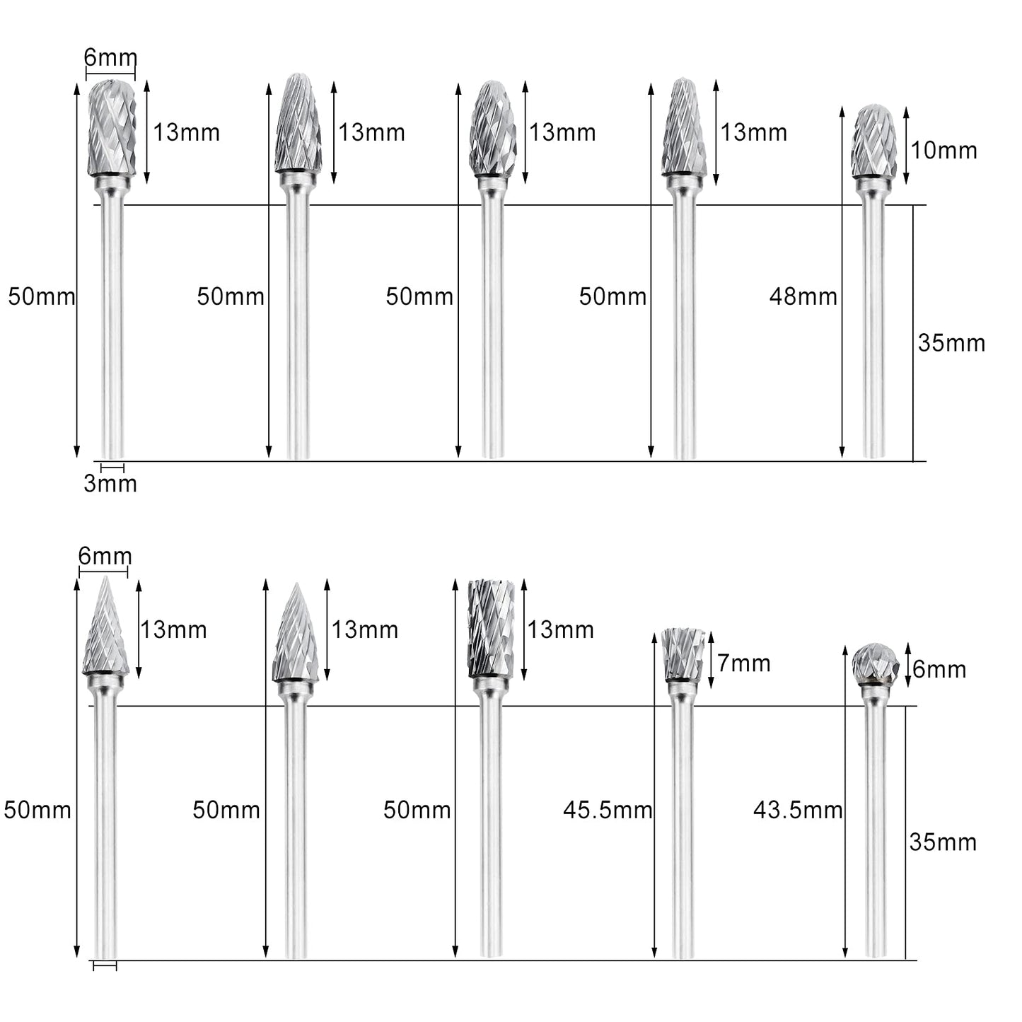 Carbide Burr Set, Tinpec Double Cut Cutting Burrs with 1/8" Shank & 1/4" Head, Tungsten Steel Die Grinder Bits for Woodworking, Drilling, Metal Carving, Engraving & Polishing – 10PCS