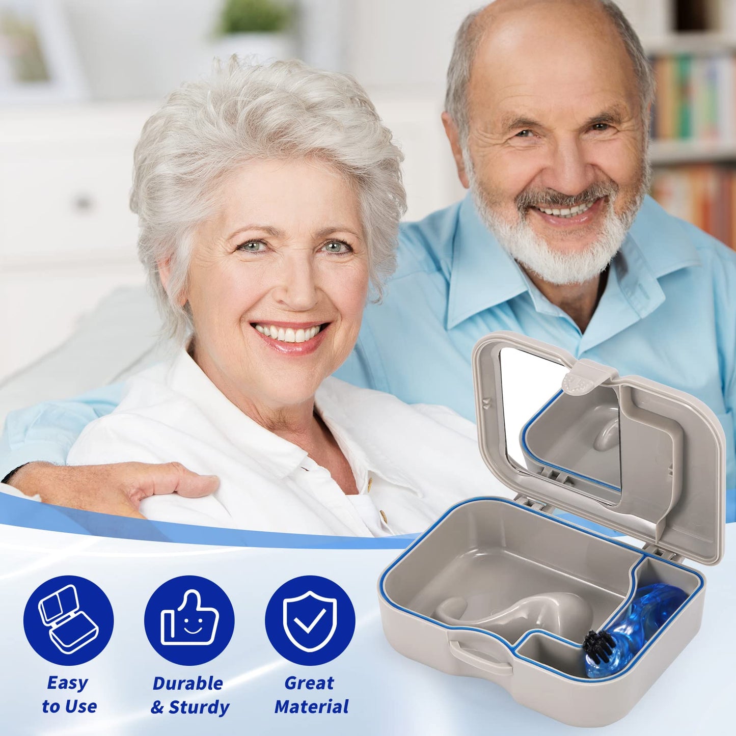 Denture Cup Bath Box Case with Mirror and Cleaning Brush, Dental Case with Brush Retainer Cleaning Case Mouth Guard Storage Soaking Cup Holder for Travel, Office, Household Use