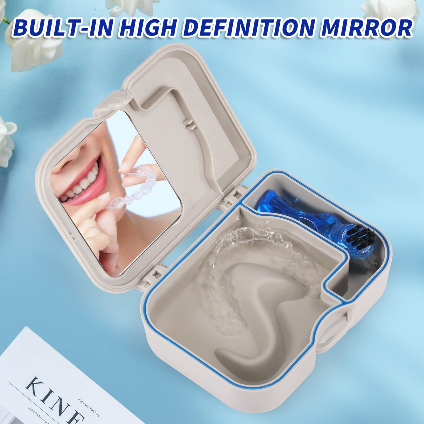 Denture Cup Bath Box Case with Mirror and Cleaning Brush, Dental Case with Brush Retainer Cleaning Case Mouth Guard Storage Soaking Cup Holder for Travel, Office, Household Use