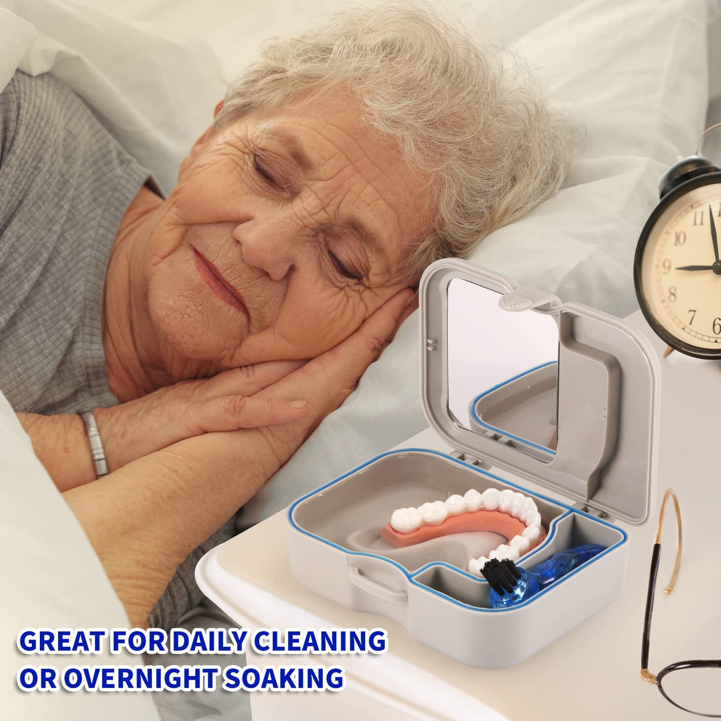 Denture Cup Bath Box Case with Mirror and Cleaning Brush, Dental Case with Brush Retainer Cleaning Case Mouth Guard Storage Soaking Cup Holder for Travel, Office, Household Use