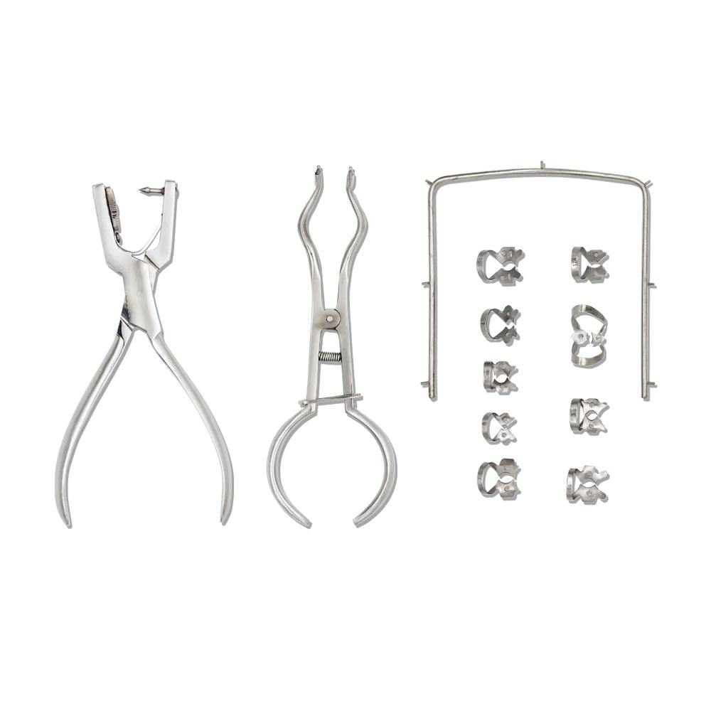 Protector Rubber Dam Kit Starter of 9 pcs with Frame Punch Clamps Dental Instruments Dental Oral Rubber Dam Tool Set Rubber Stamp Punching Plate Rubber Camphor Cloth