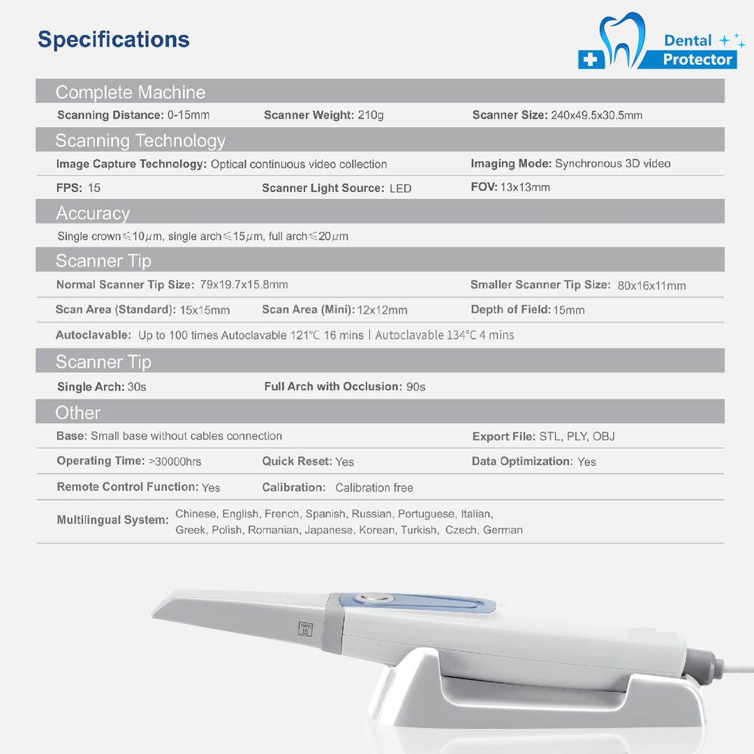Professional Dental Intra Oral 3D Scanner Handpiece, Autoclavable Standard & Mini Scan Tips, Multi-Language Intraoral Scanner Complete Accessory Kit for Dental Lab Clinic