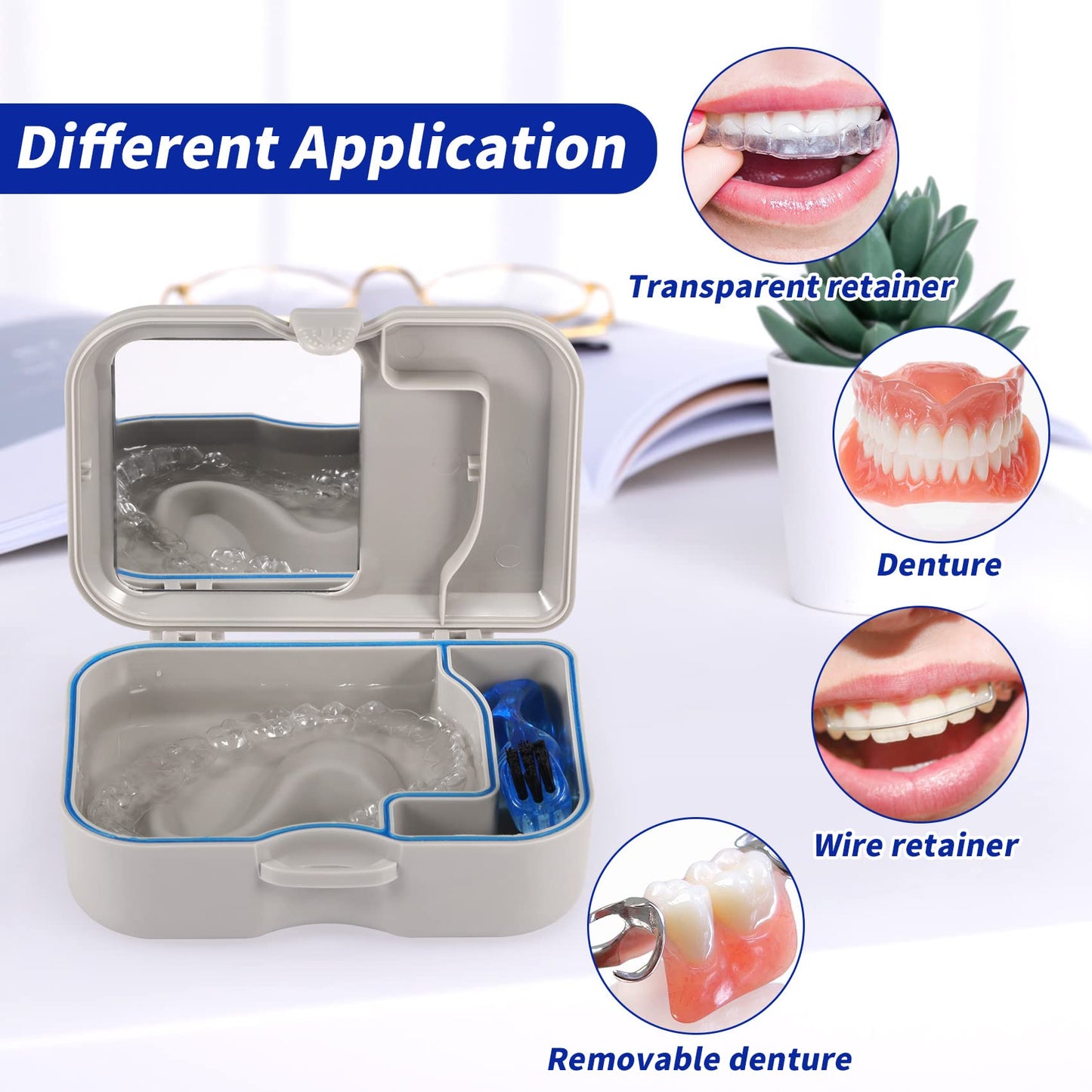 Denture Cup Bath Box Case with Mirror and Cleaning Brush, Dental Case with Brush Retainer Cleaning Case Mouth Guard Storage Soaking Cup Holder for Travel, Office, Household Use