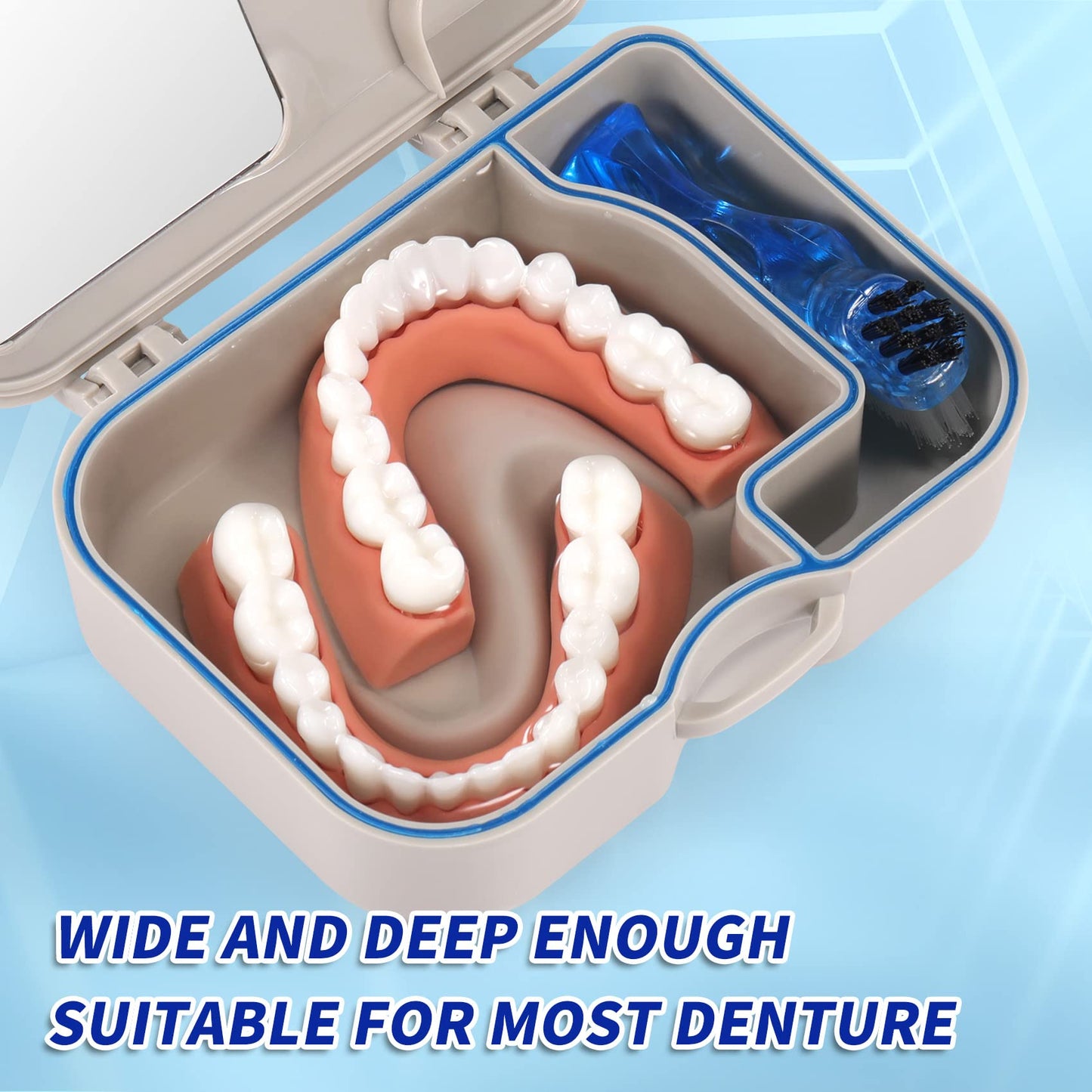 Denture Cup Bath Box Case with Mirror and Cleaning Brush, Dental Case with Brush Retainer Cleaning Case Mouth Guard Storage Soaking Cup Holder for Travel, Office, Household Use